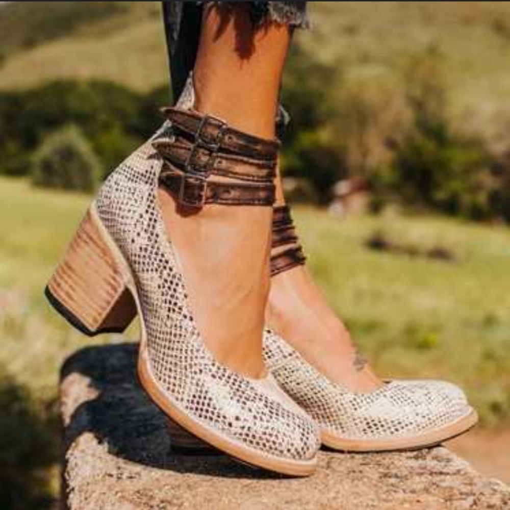 Freebird by Steven Cream Snakeskin Heels with Brown Accents